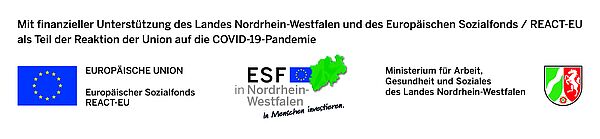 Logos der europäischen Union, des europäischen Sozialfonds und des Ministeriums für Arbeit, Gesundheit und Soziales NRW